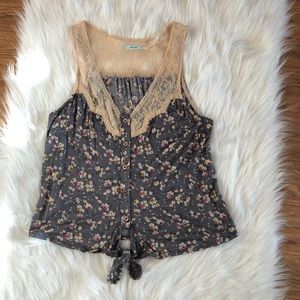 Lace and floral button up bottom tie tank top